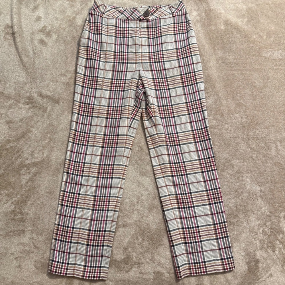Leith Plaid Straight Leg Trousers Burgundy Tan Black Size S